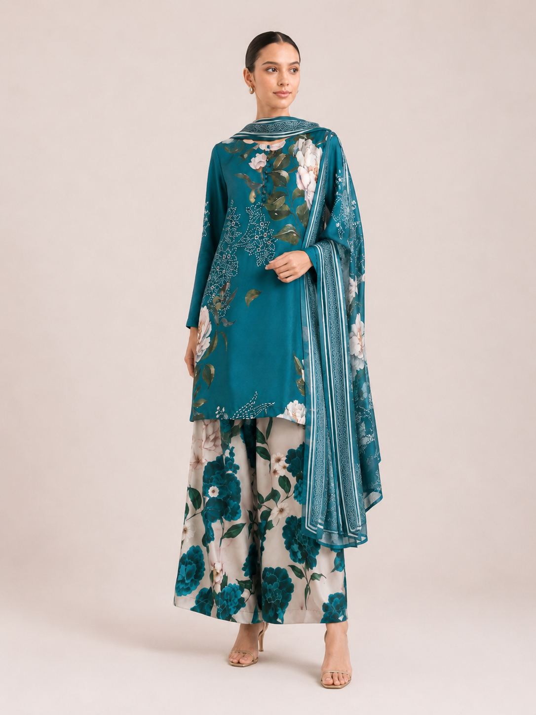 Laleh Teal Floral Three-Piece Suit