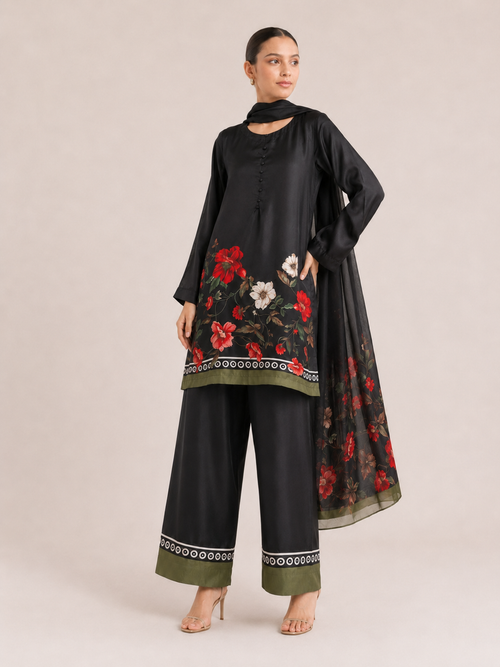 Gulzar Noir Floral Three-Piece Suit