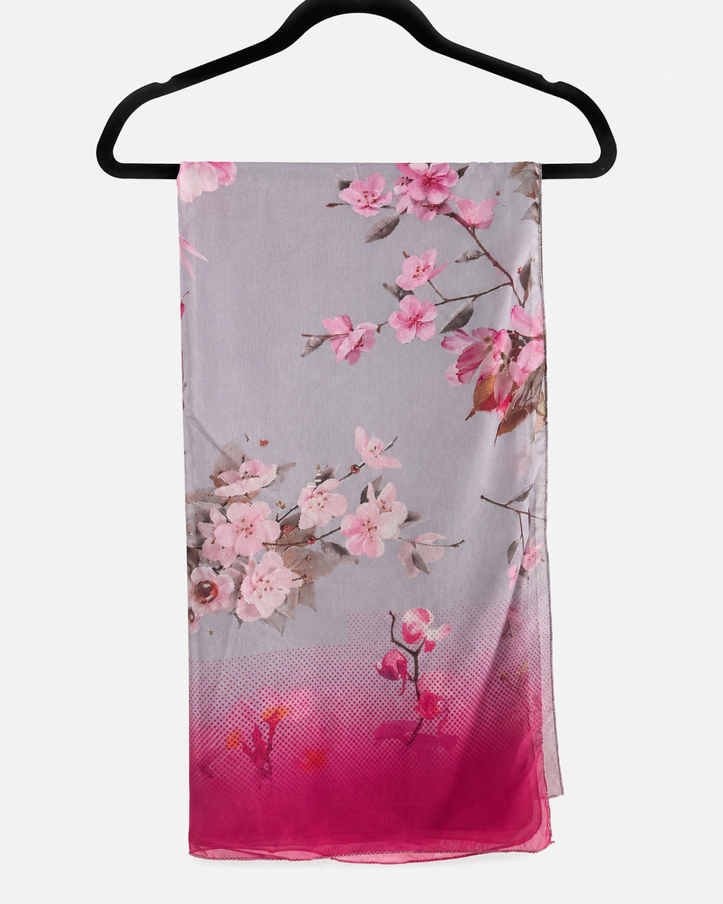 Lilac floral dupatta with pink blossom print and magenta border from the BACTRA Bahar suit
