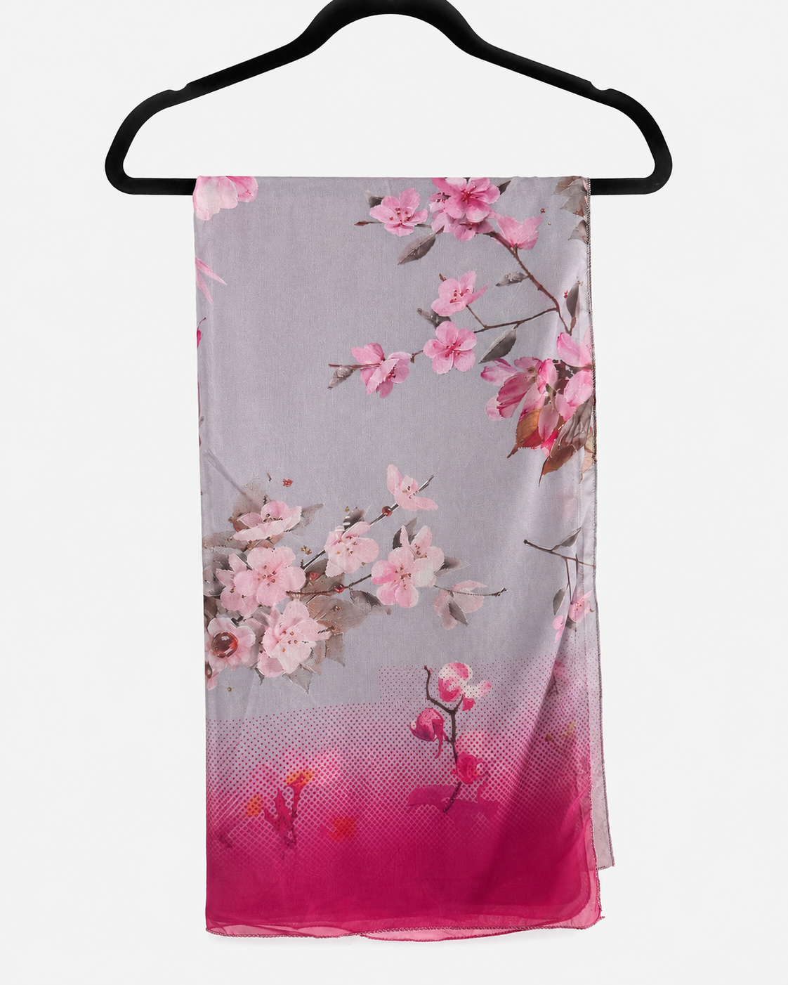 Lilac floral dupatta with pink blossom print and magenta border from the BACTRA Bahar suit