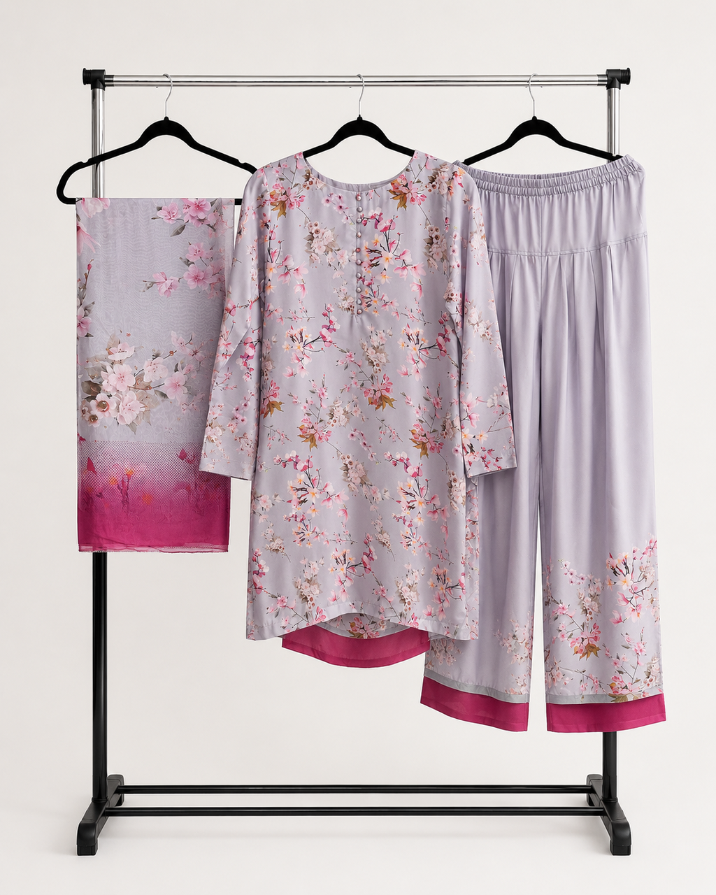 BACTRA Bahar lilac floral three-piece suit with kurta, wide-leg trousers and dupatta