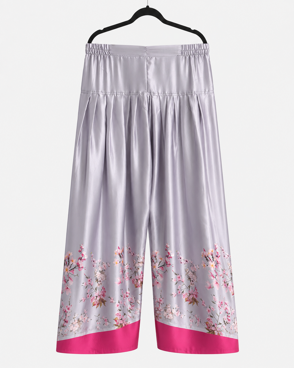 Lilac wide-leg trousers with floral print and magenta border from the BACTRA Bahar suit