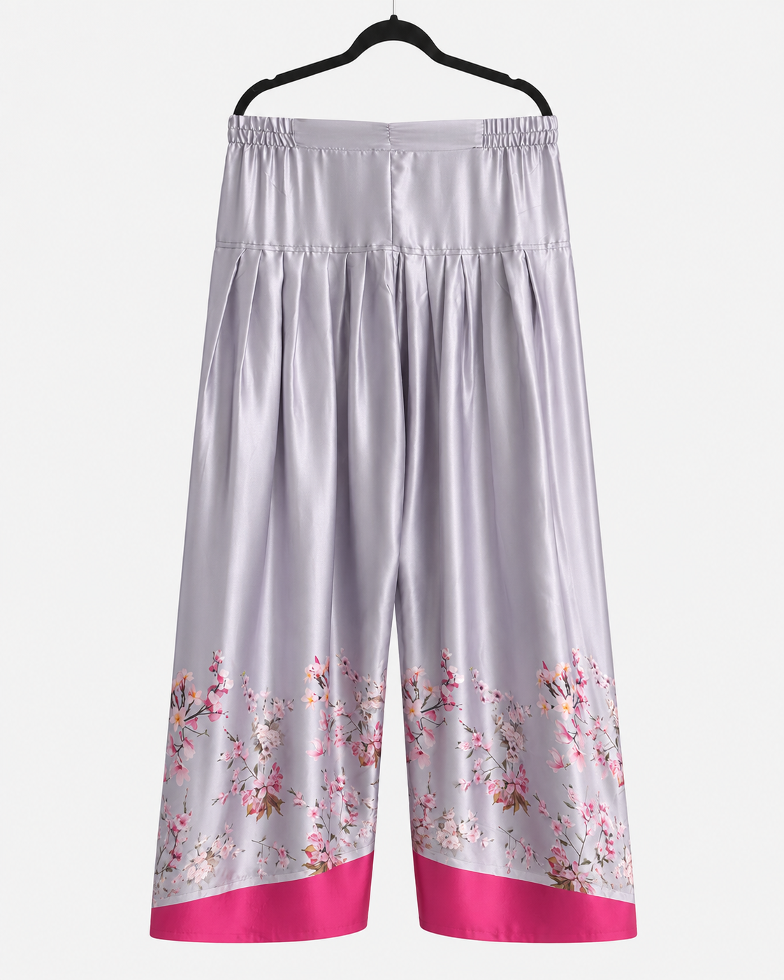 Lilac wide-leg trousers with floral print and magenta border from the BACTRA Bahar suit