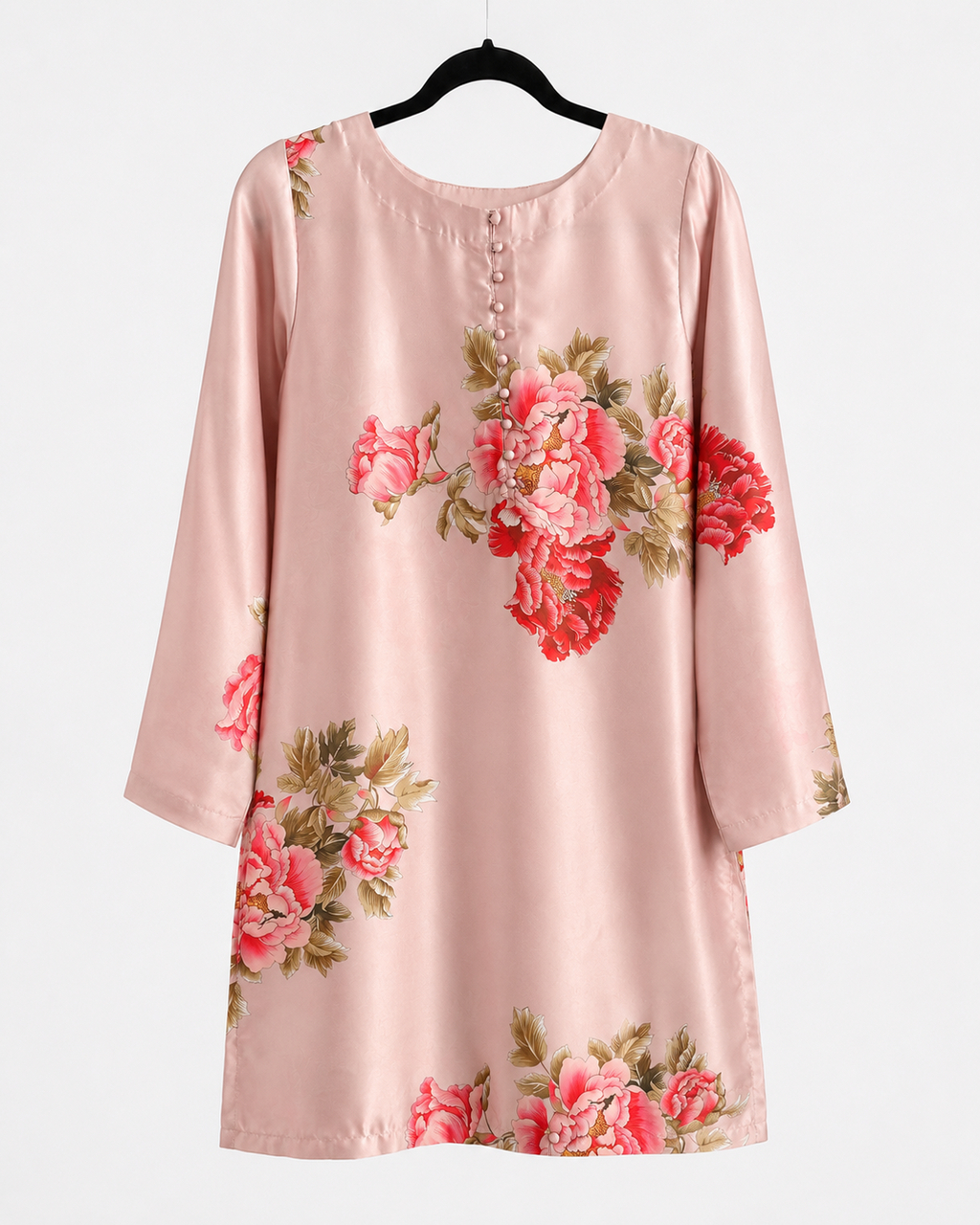 Blush pink kurta with red peony floral print