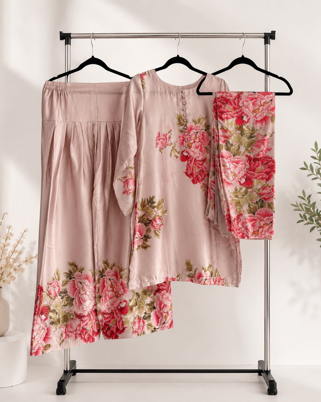 Blush pink floral three-piece suit displayed on clothing rack