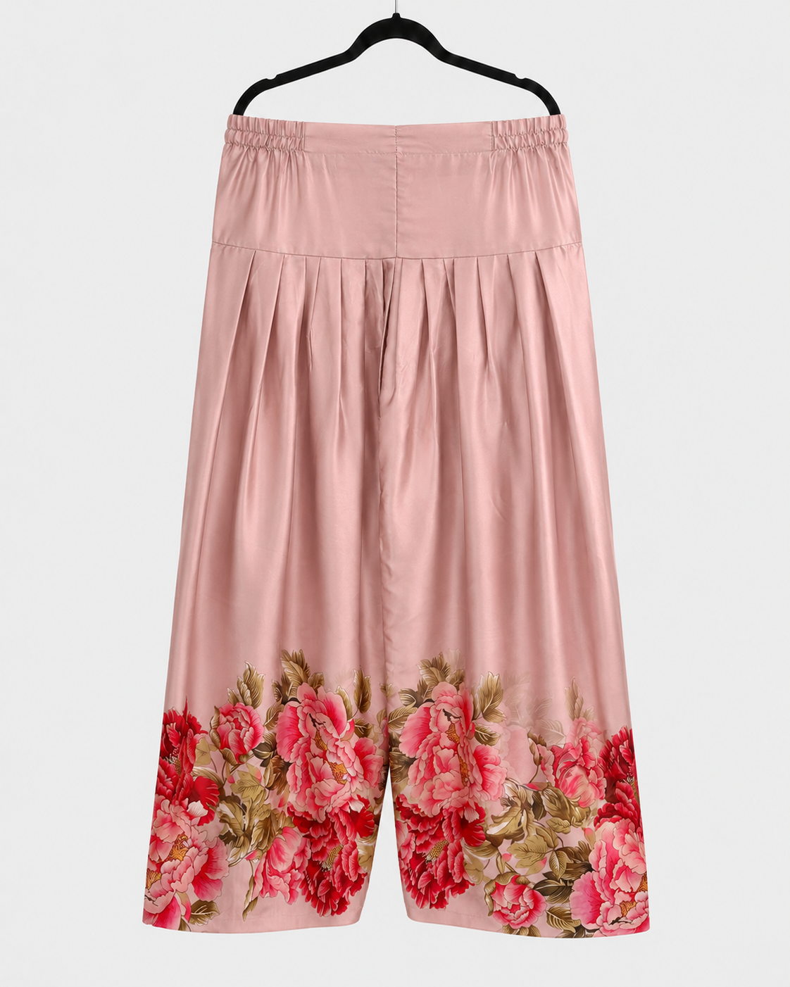 Blush pink wide-leg trousers with red peony floral border