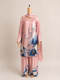 Full mannequin view of BACTRA pink and blue floral three-piece suit