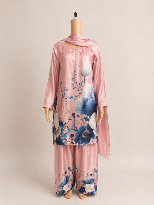 Full mannequin view of BACTRA pink and blue floral three-piece suit