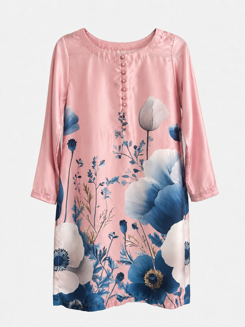 Front view of BACTRA blush pink kurta with blue and white floral print