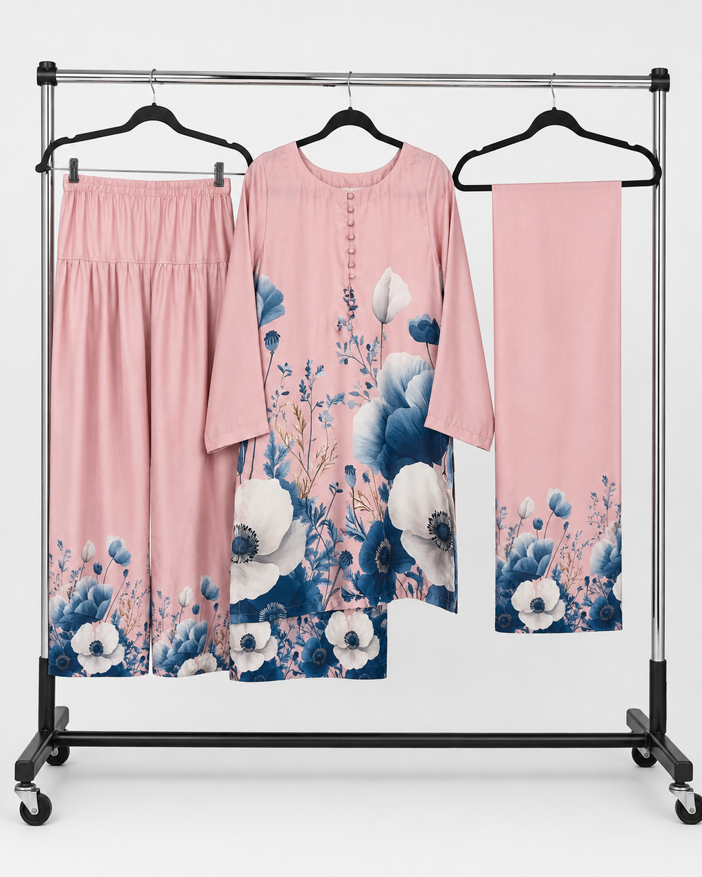 BACTRA pink floral three-piece suit with kurta trousers and dupatta on rack
