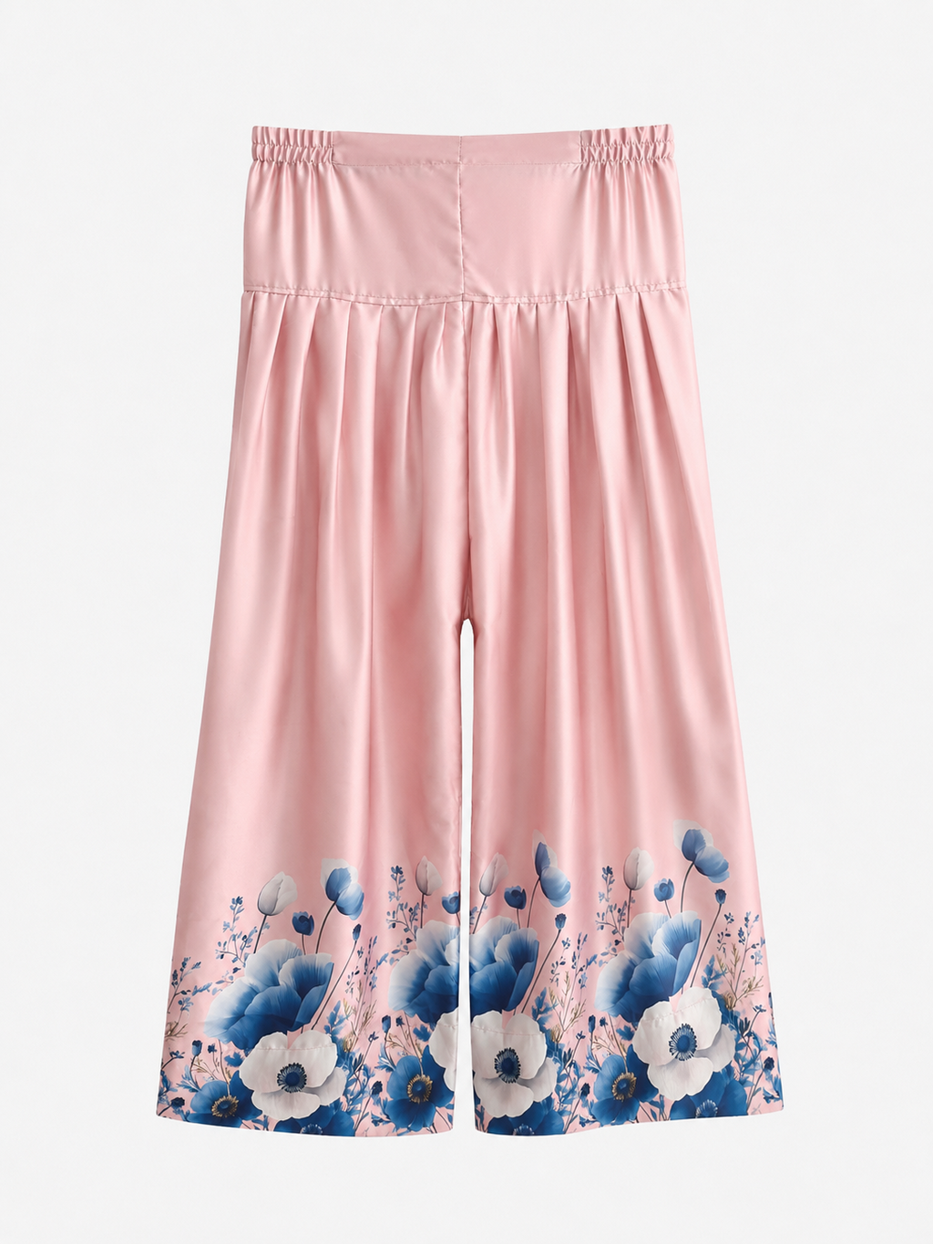 Blush pink wide-leg trousers with blue and white floral border print