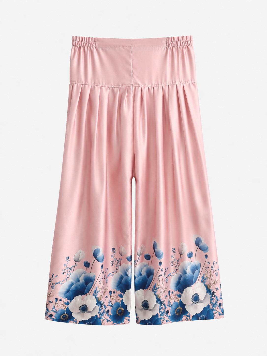 Blush pink wide-leg trousers with blue and white floral border print