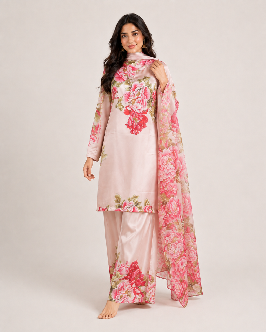 Styled model visualization wearing the BACTRA Gulab Blush Peony Three-Piece Suit
