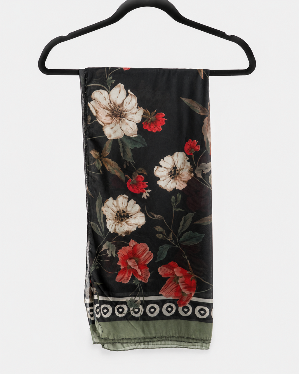 Black floral dupatta with red and ivory flowers and olive border from the BACTRA Gulzar Noir suit