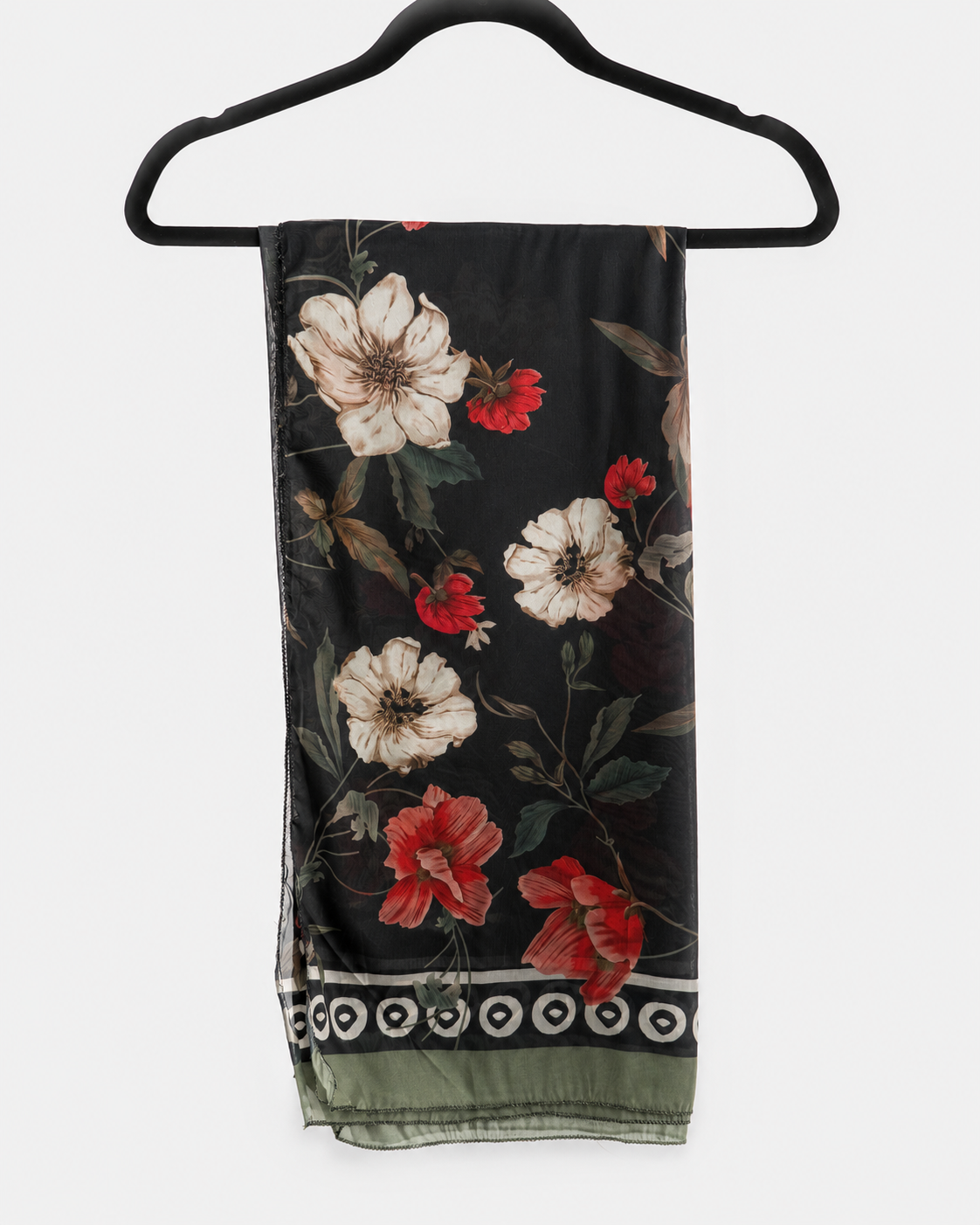 Black floral dupatta with red and ivory flowers and olive border from the BACTRA Gulzar Noir suit