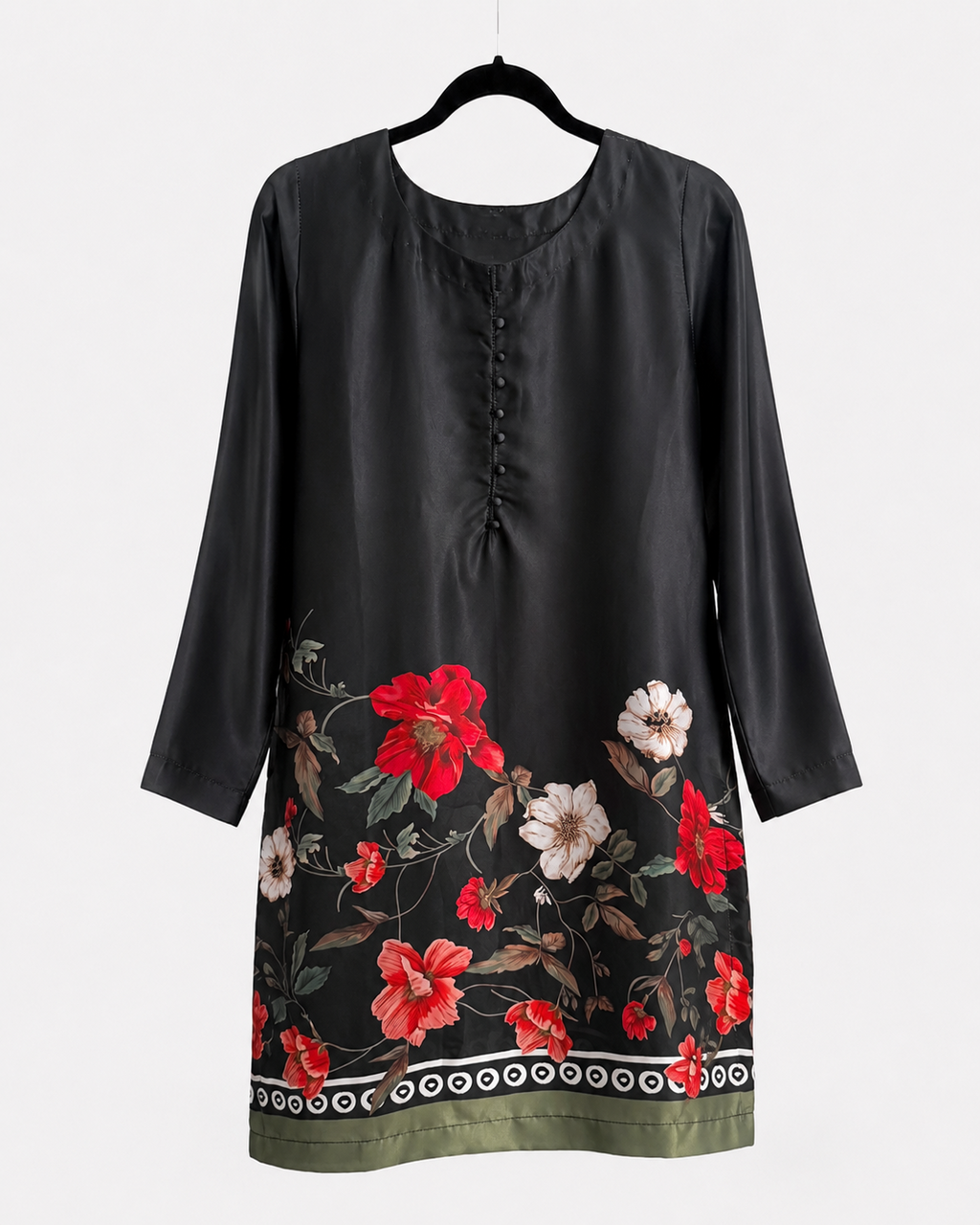 Front view of the BACTRA Gulzar Noir black long-sleeve floral kurta with olive border