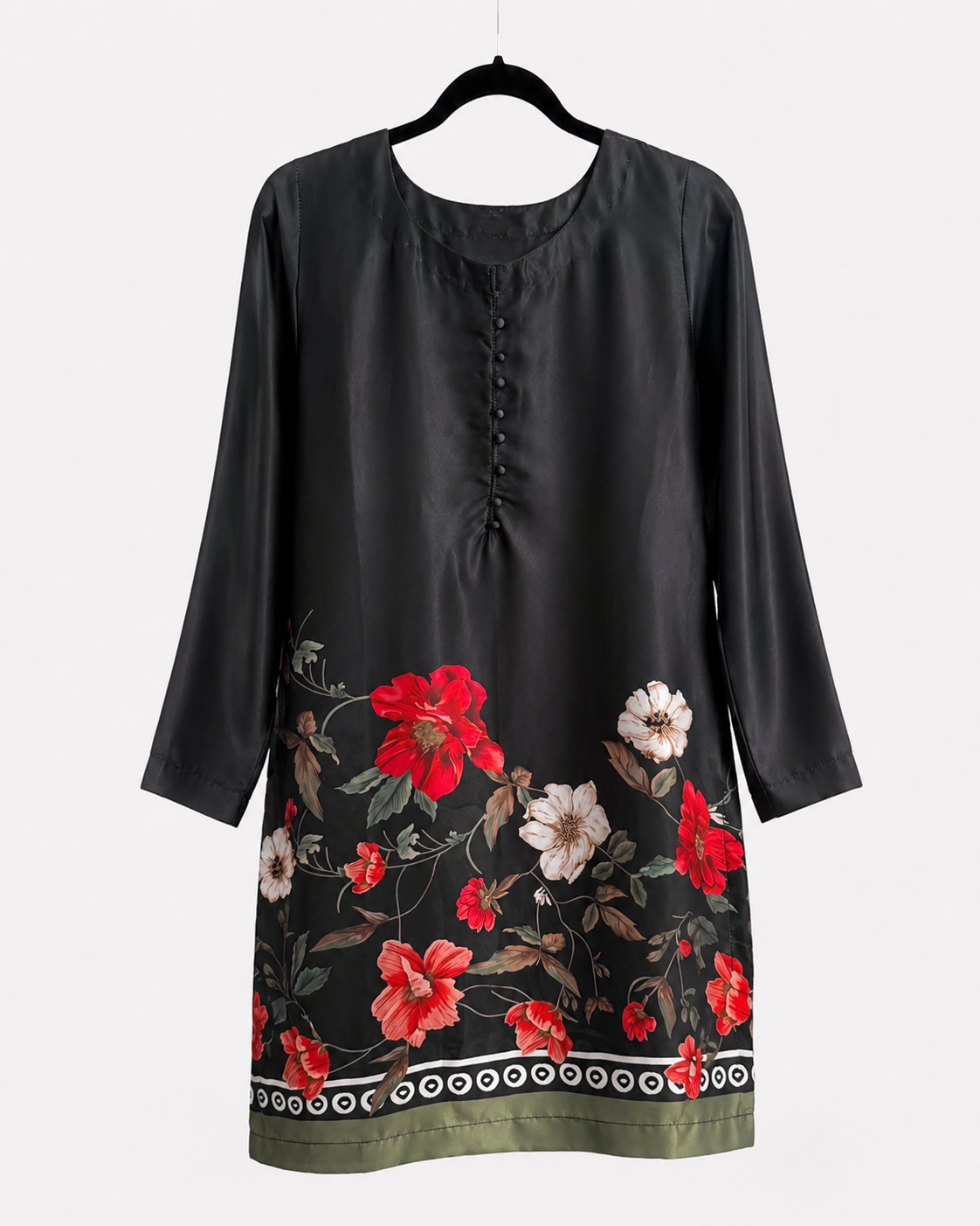 Front view of the BACTRA Gulzar Noir black long-sleeve floral kurta with olive border