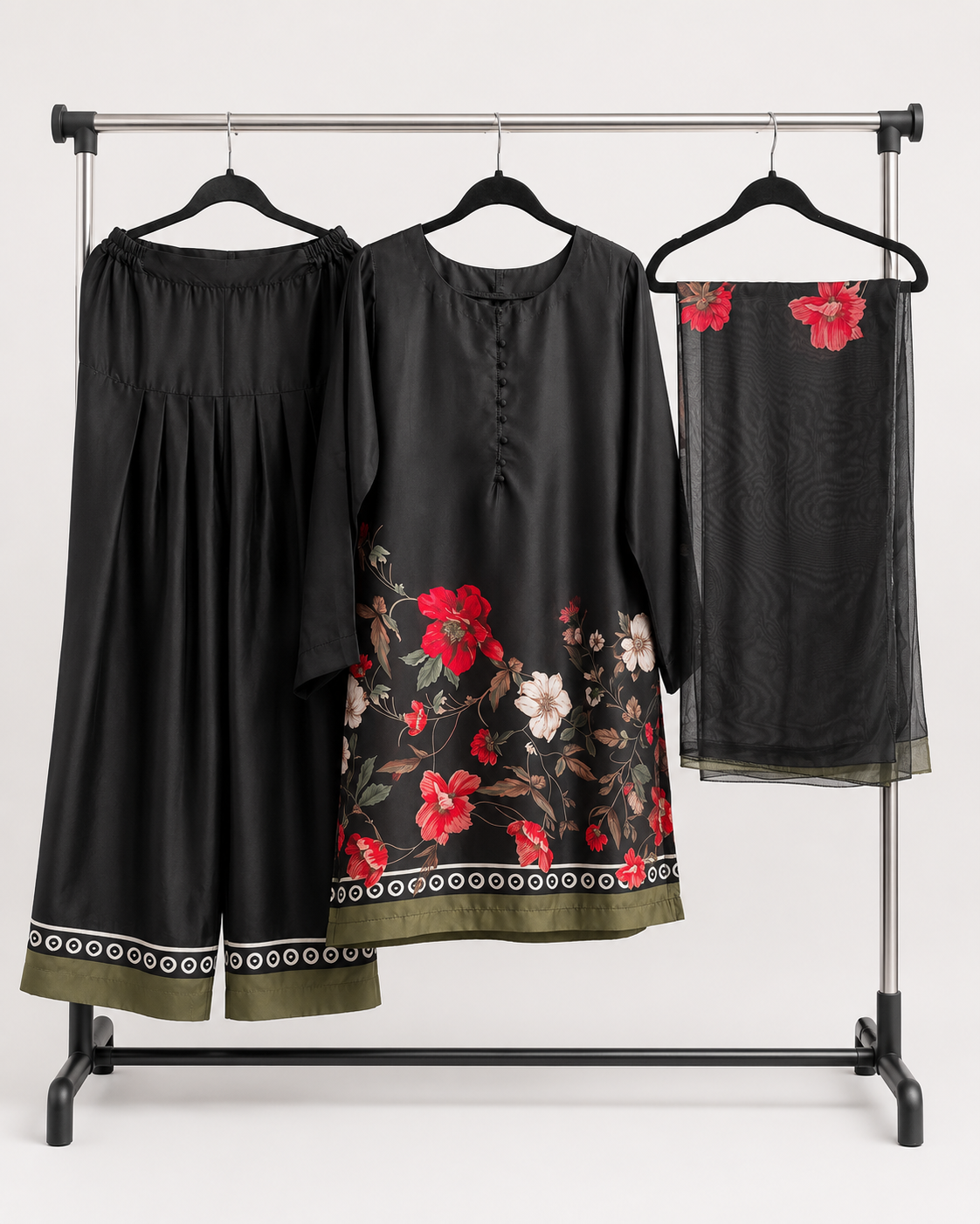 BACTRA Gulzar Noir black floral three-piece suit with kurta, wide-leg trousers and dupatta