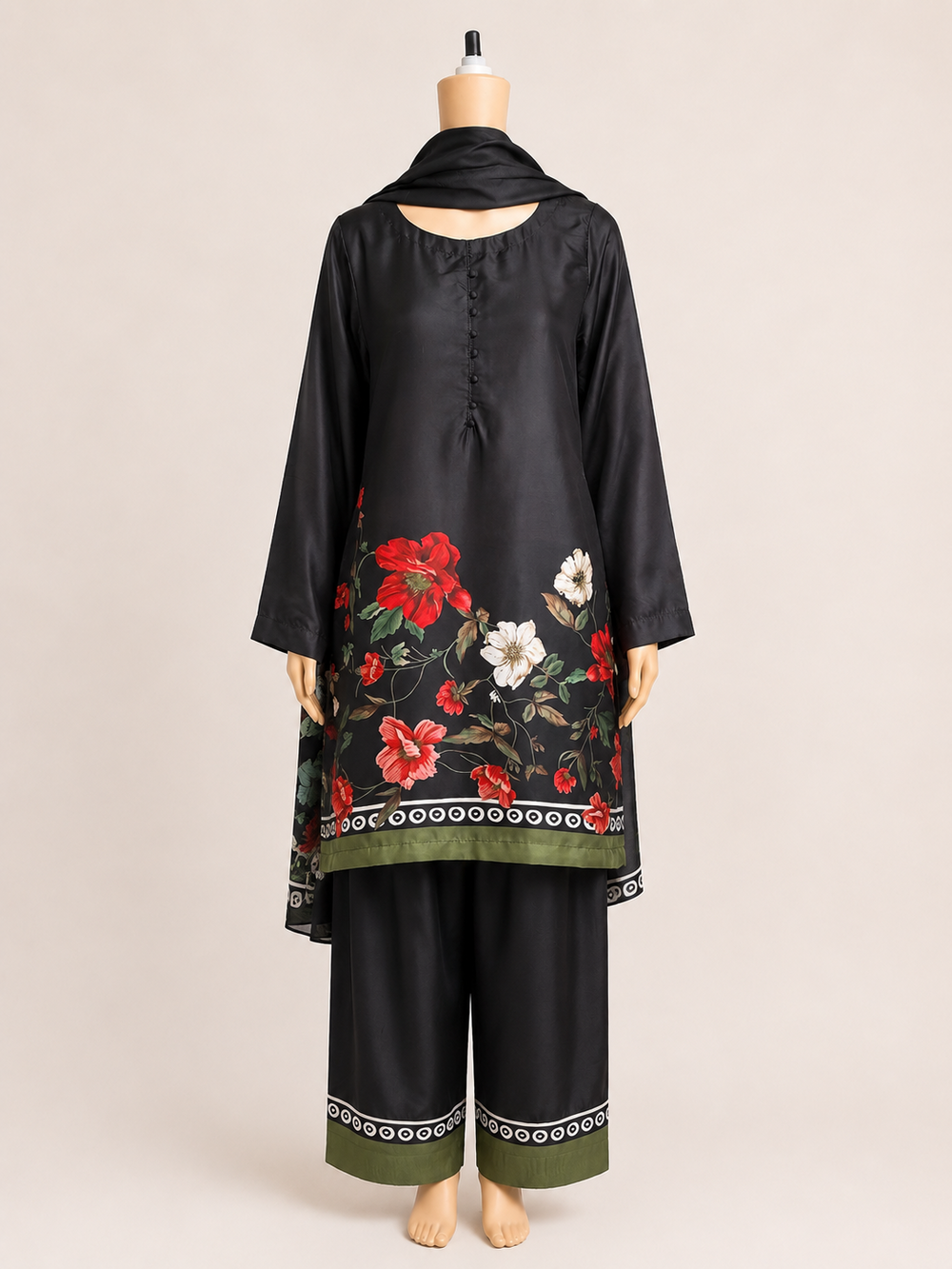 Front mannequin view of the BACTRA Gulzar Noir black floral three-piece suit