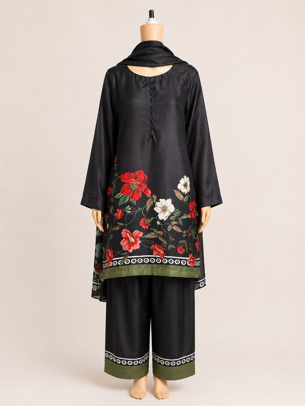 Front mannequin view of the BACTRA Gulzar Noir black floral three-piece suit