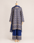 Full mannequin view of BACTRA navy and beige medallion three-piece suit