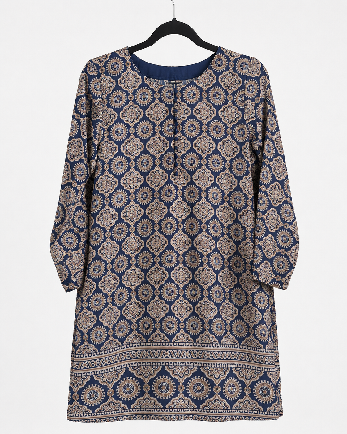 Front view of BACTRA navy kurta with beige medallion print