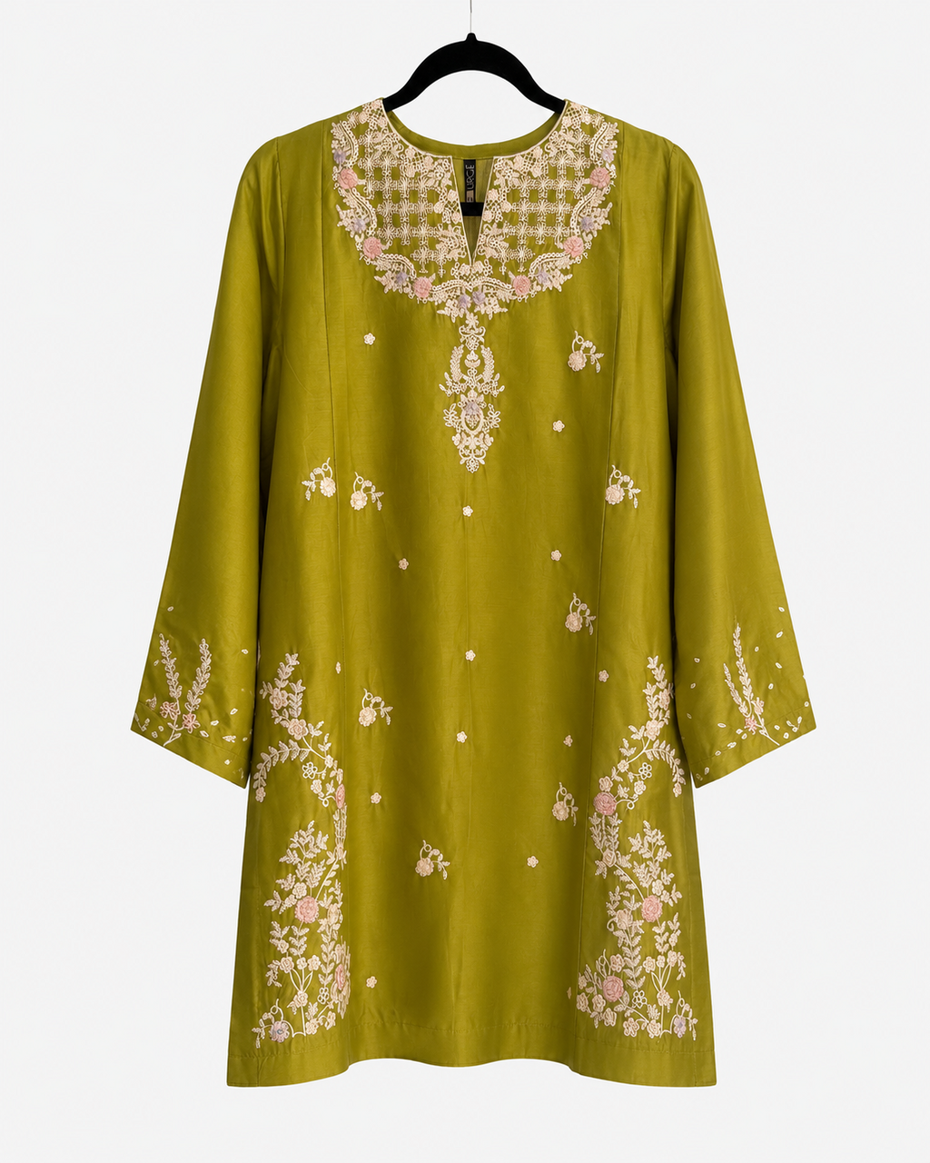 Front view of BACTRA olive green kurta with cream and pastel floral embroidery