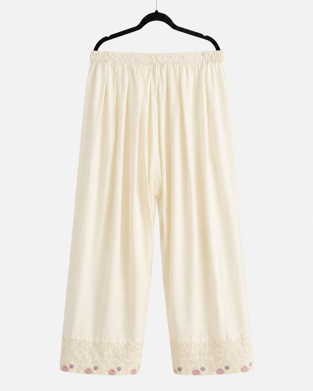 Ivory wide-leg trousers with embroidered cuffs from the BACTRA olive two-piece suit