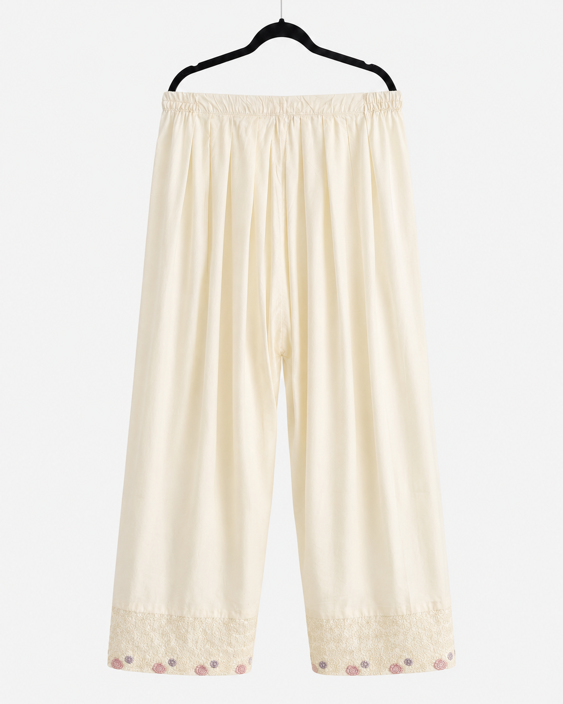 Ivory wide-leg trousers with embroidered cuffs from the BACTRA olive two-piece suit