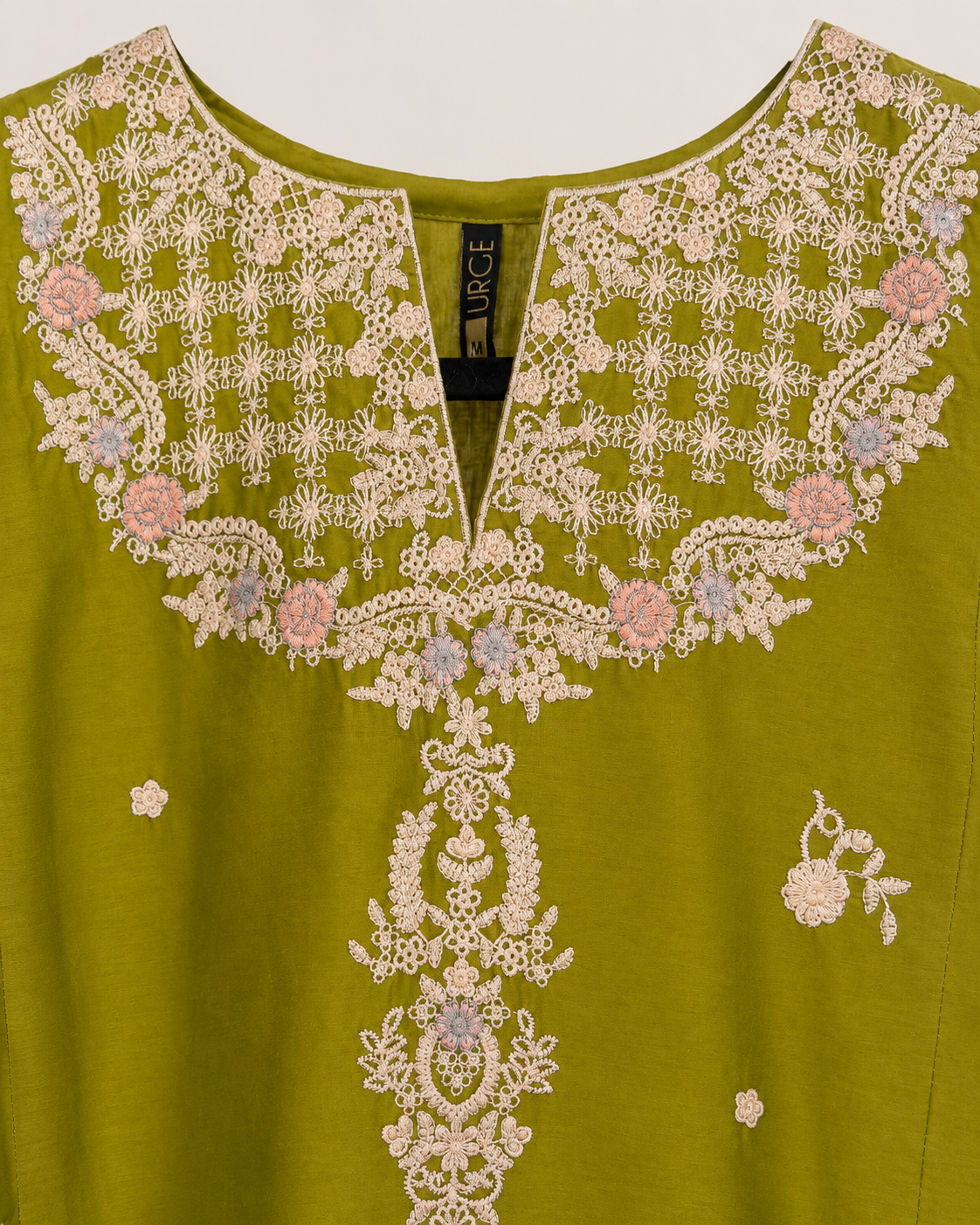 Close-up of cream and pastel floral embroidery on the neckline of the BACTRA olive kurta
