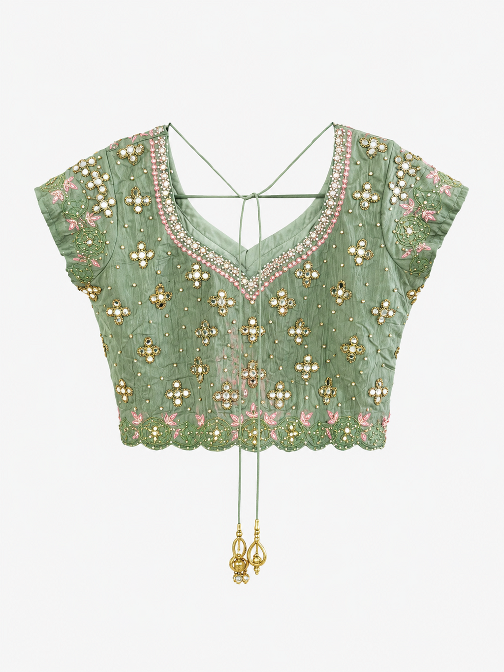 Back view of sage green embroidered mirrorwork blouse