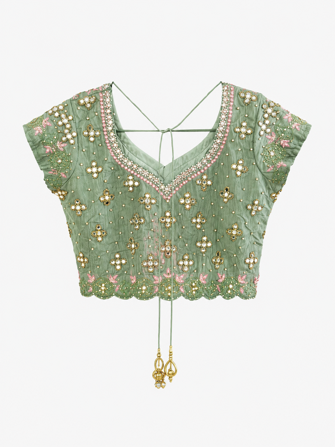 Back view of sage green embroidered mirrorwork blouse