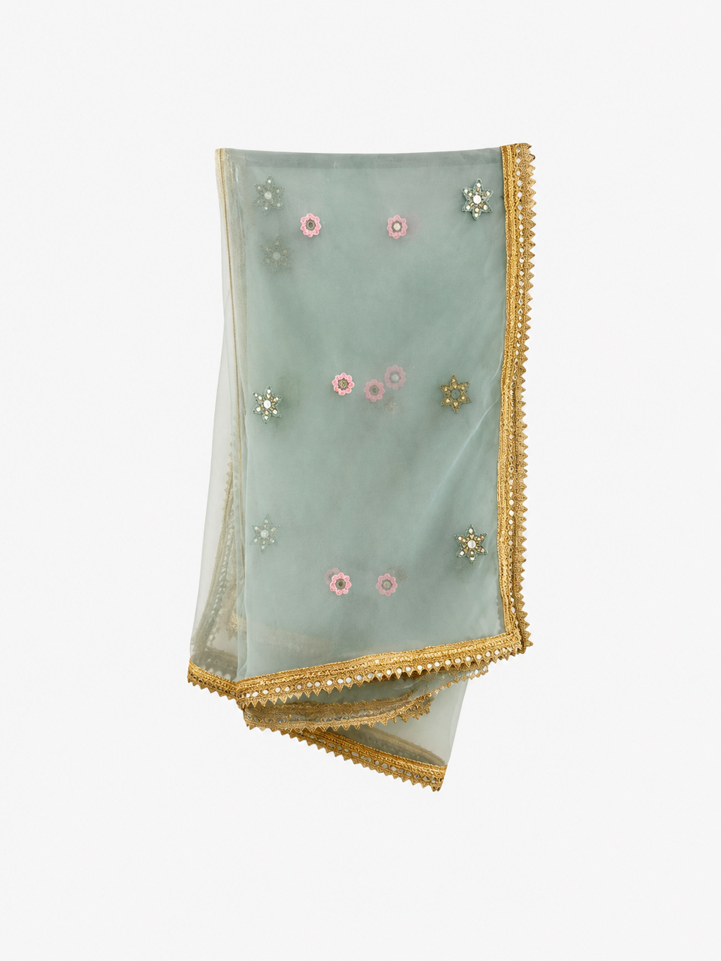 Sage green net dupatta with floral embellishments and gold border