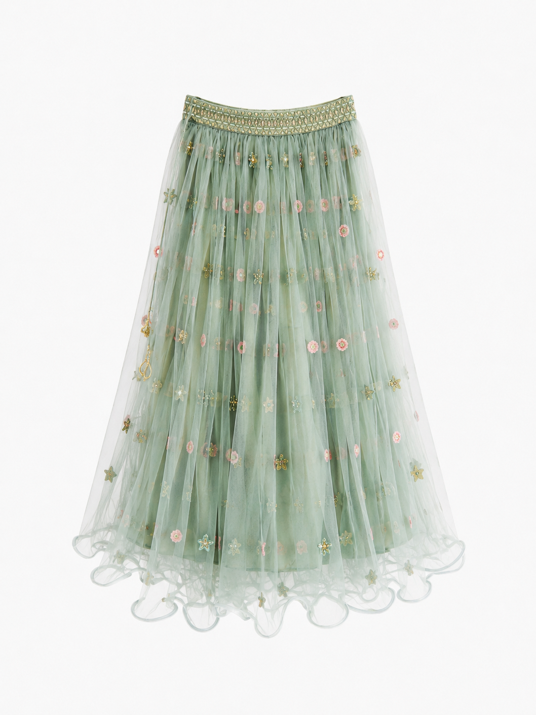 Sage green embroidered net lehenga skirt