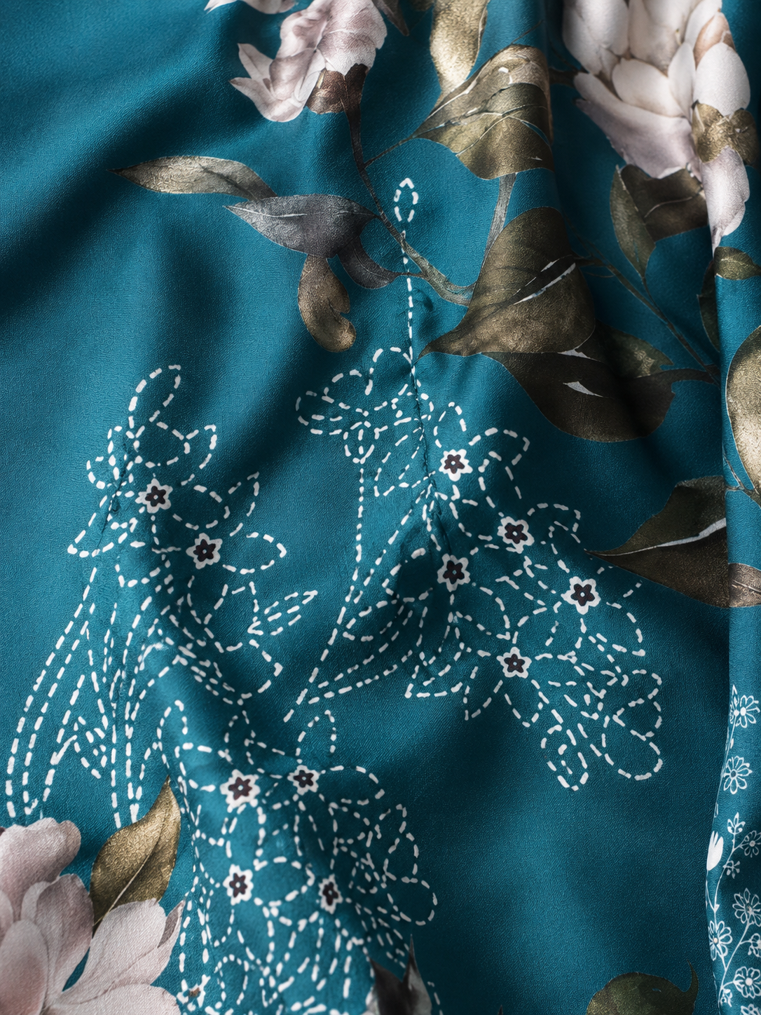 Close-up of teal floral and stitched print fabric on BACTRA kurta
