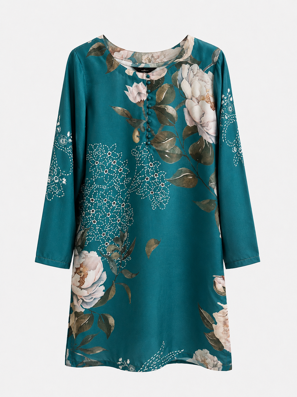 Front view of BACTRA teal floral printed kurta