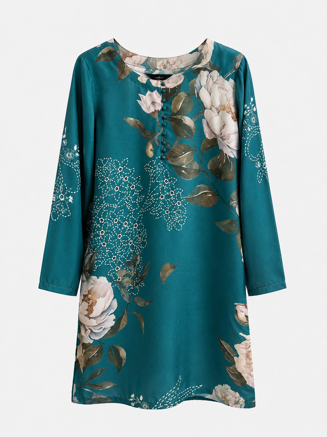 Front view of BACTRA teal floral printed kurta