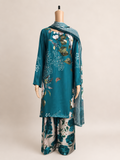 Full mannequin view of BACTRA teal and blush floral three-piece suit