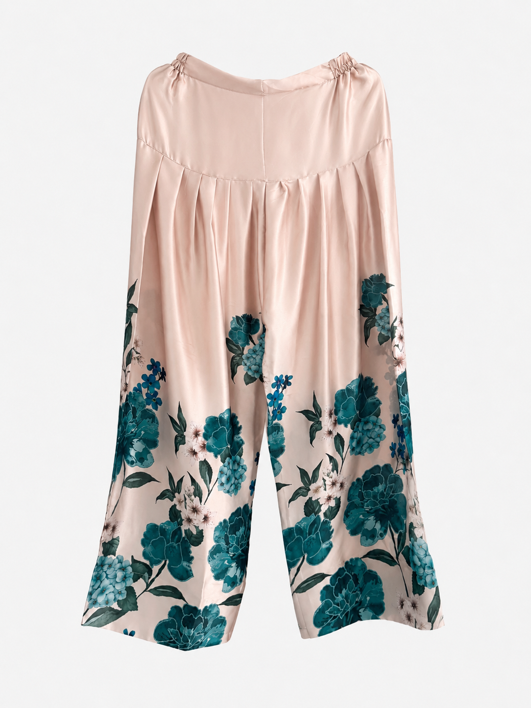 Blush wide-leg trousers with teal floral print from BACTRA three-piece suit