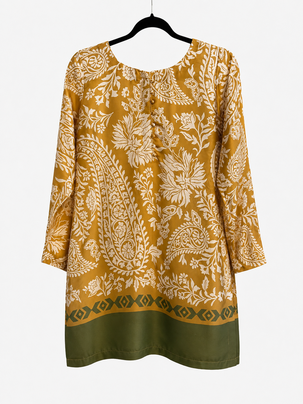 Front view of BACTRA mustard and olive printed kurta on hanger