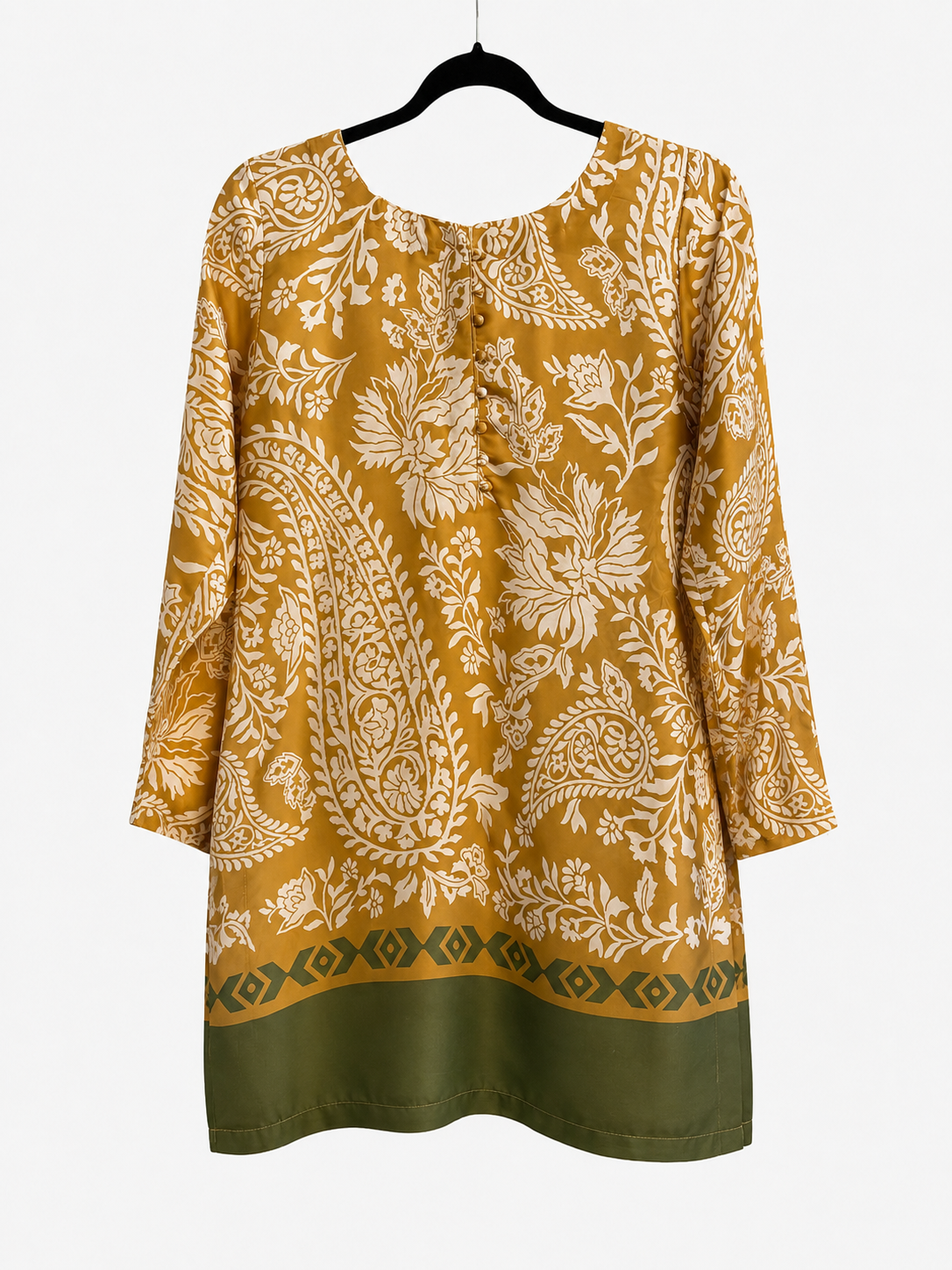 Front view of BACTRA mustard and olive printed kurta on hanger