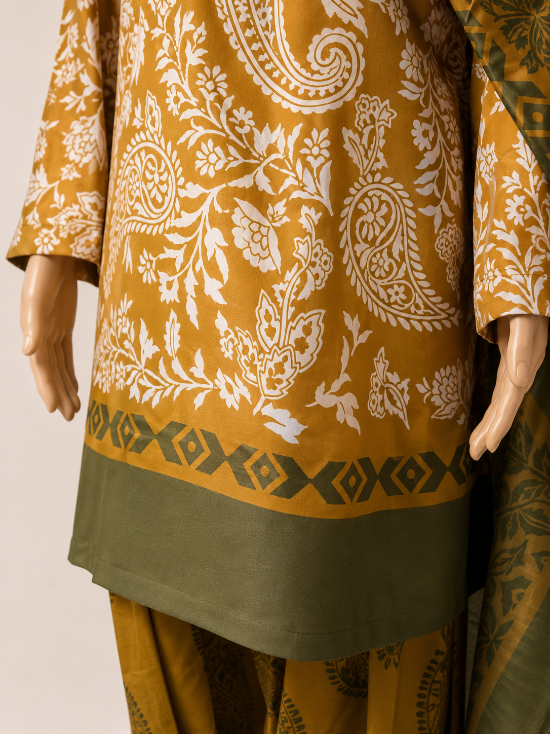Close-up of mustard floral and paisley print with olive border