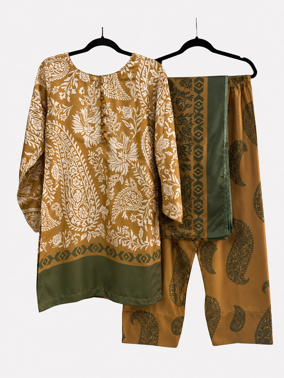 BACTRA mustard and olive three-piece suit with kurta trousers and dupatta