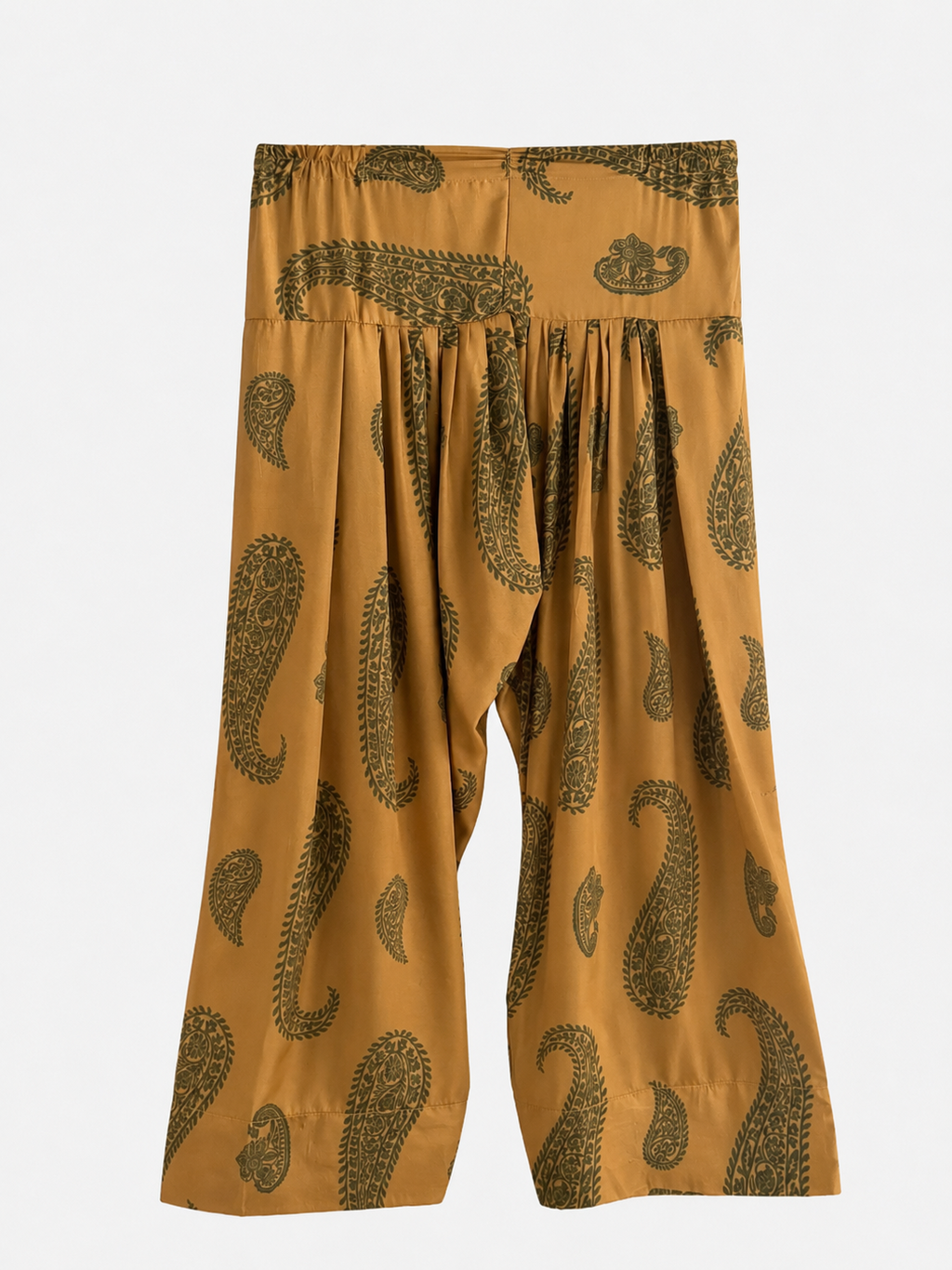Back view of mustard paisley printed trousers from BACTRA three-piece suit