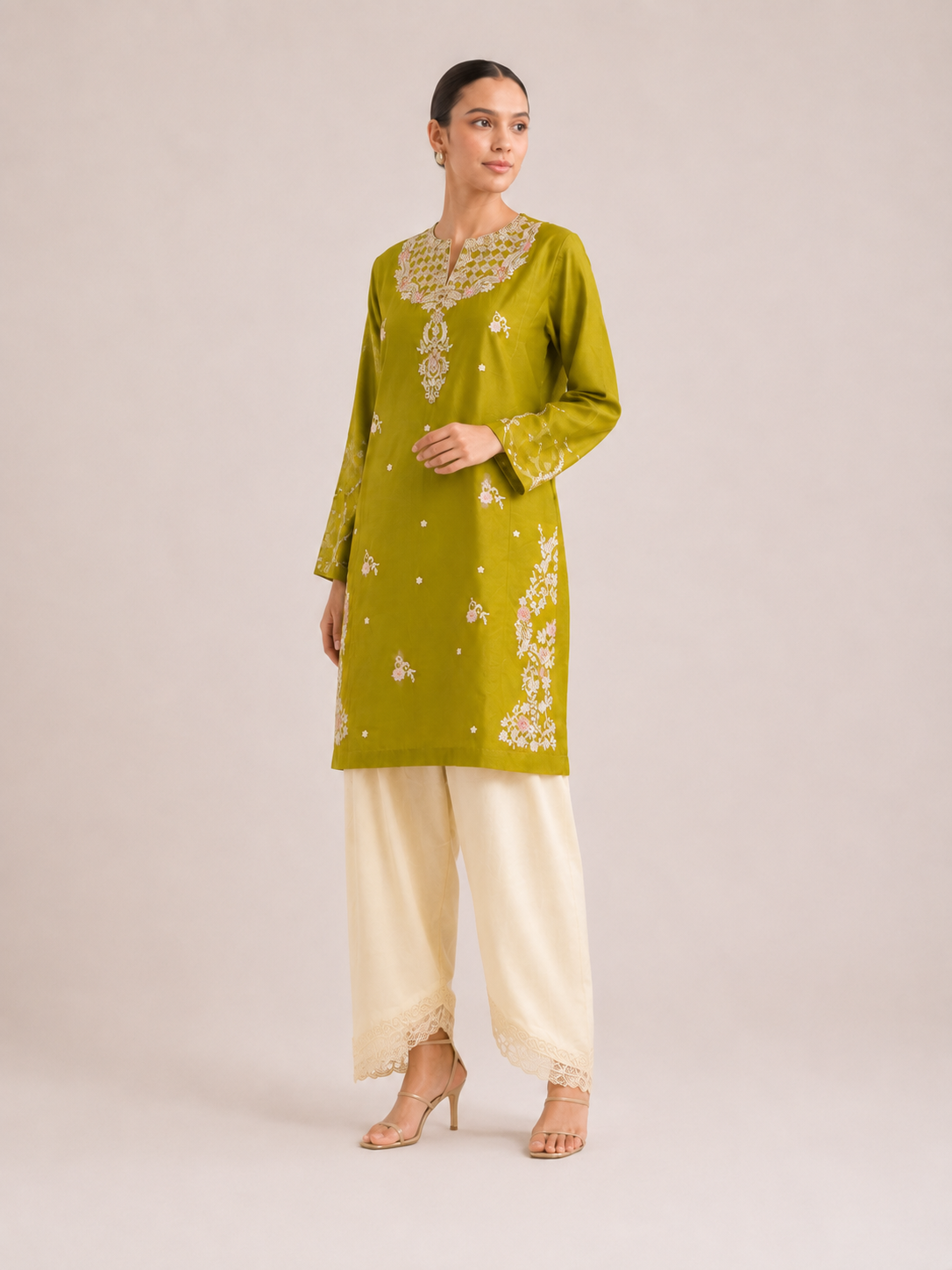 Noor Olive Embroidered Two-Piece Suit